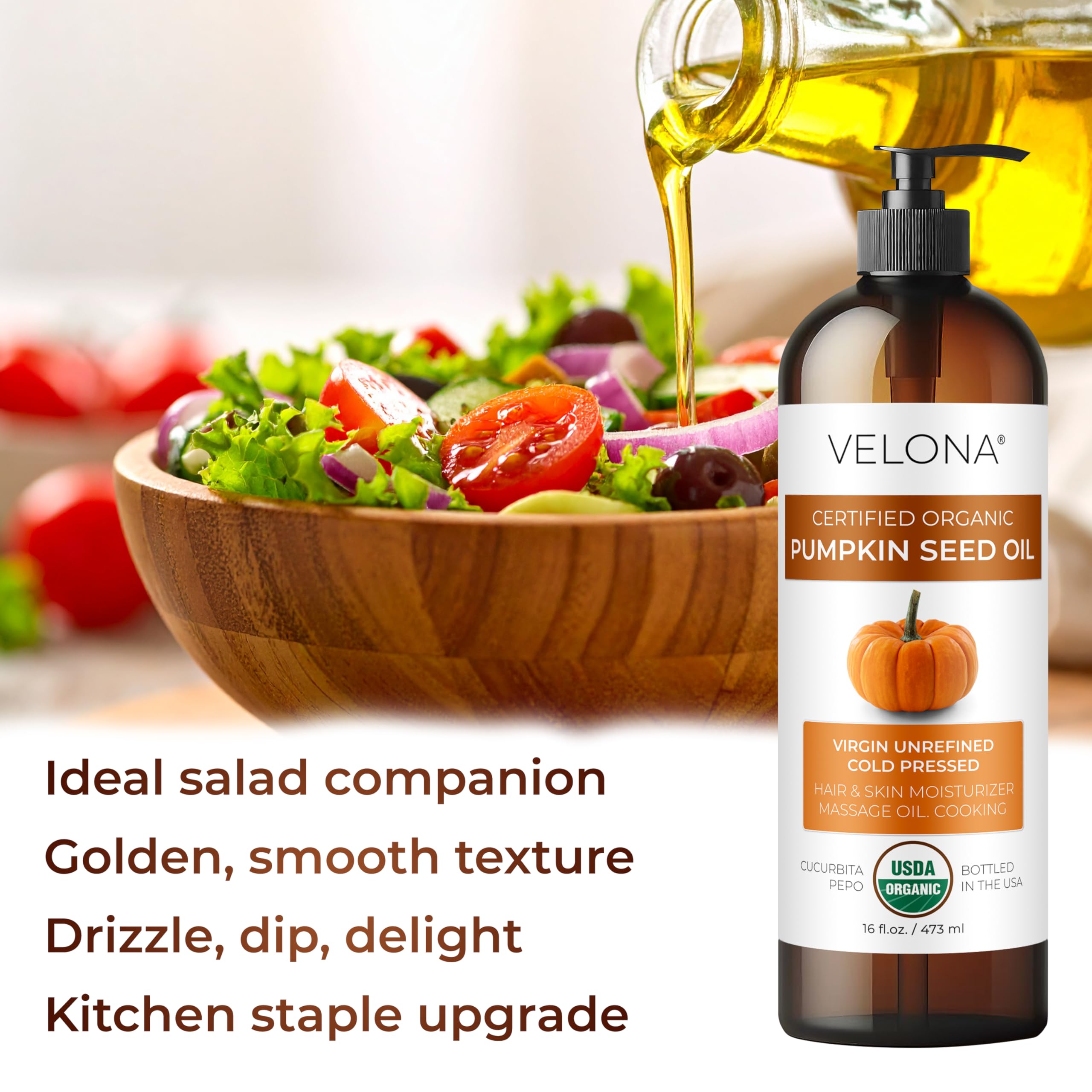 Velona Pumpkin Seed Oil for face body and hair demonstrates moisturizing use.