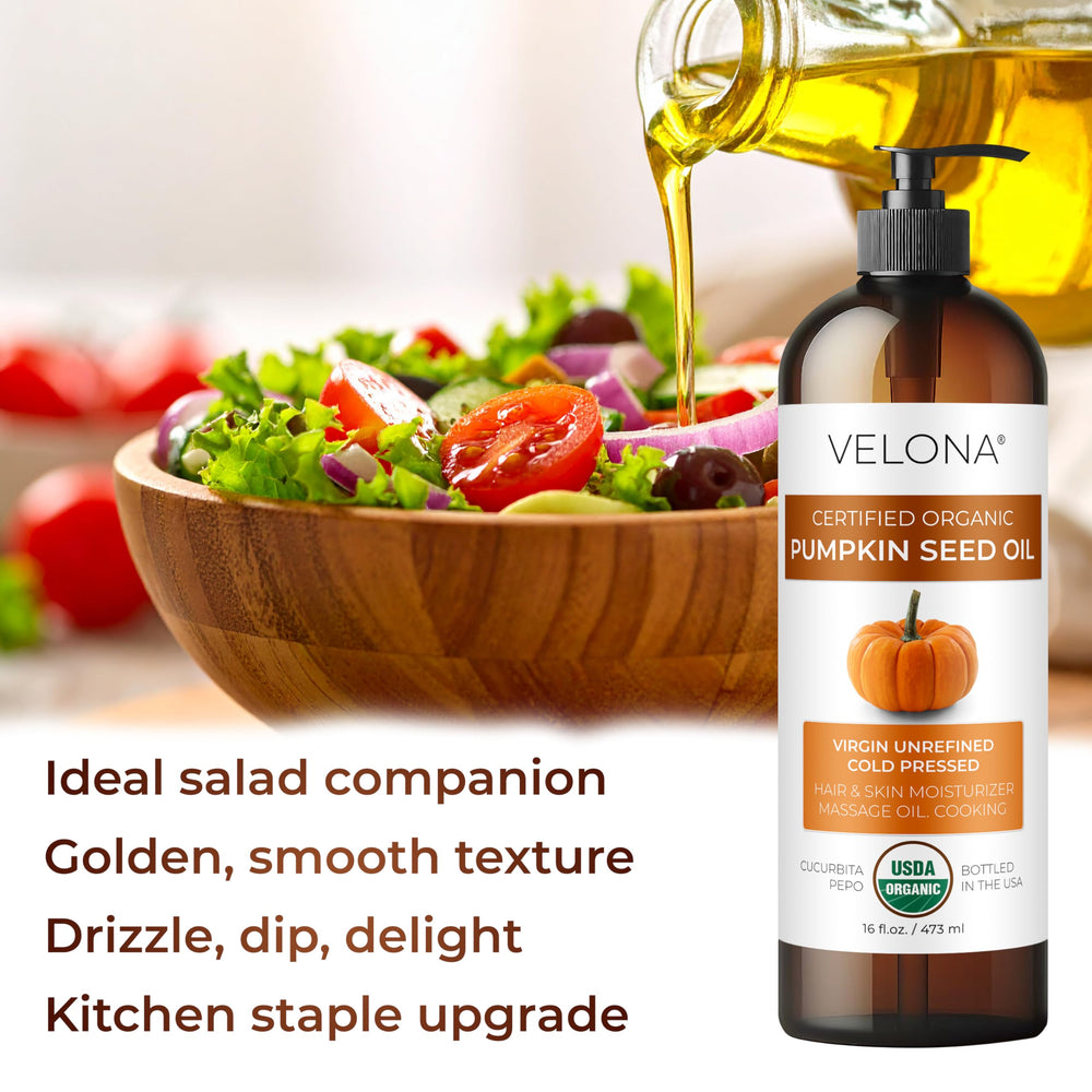 Velona Pumpkin Seed Oil for face body and hair demonstrates moisturizing use.