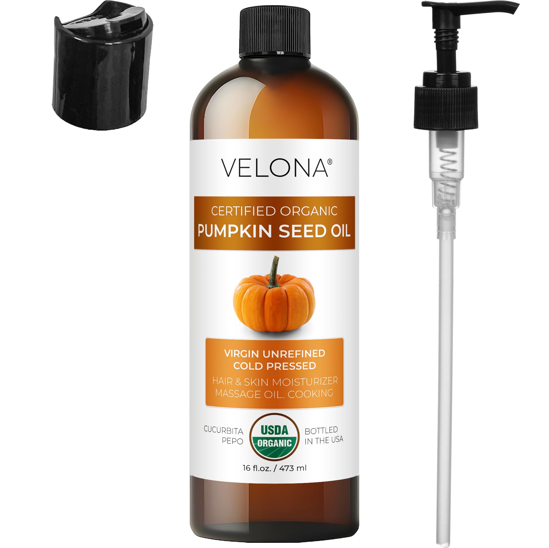 Velona Pumpkin Seed Oil glass bottle close-up emphasizing quality packaging.