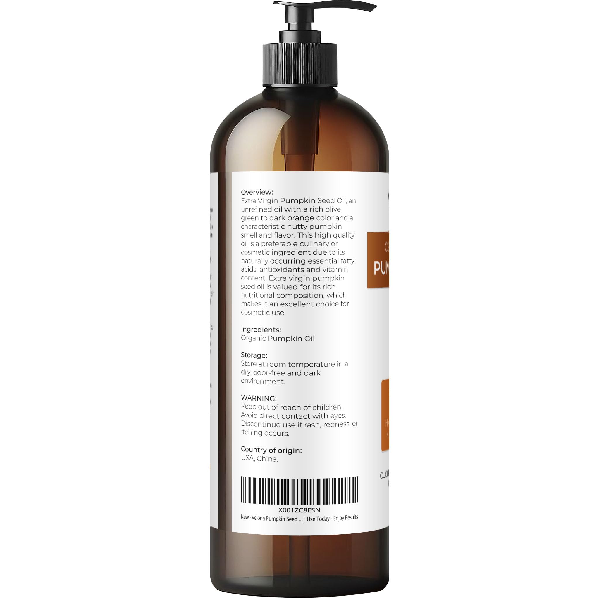 Velona Pumpkin Seed Oil unrefined color close-up with deep olive-to-orange hue.