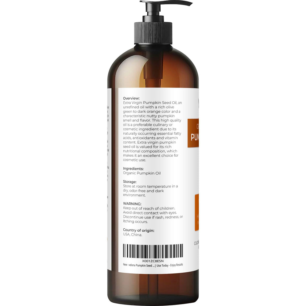 Velona Pumpkin Seed Oil unrefined color close-up with deep olive-to-orange hue.