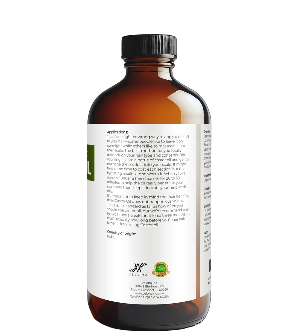 Velona castor oil close-up focusing on skin hydration and scalp health benefits.
