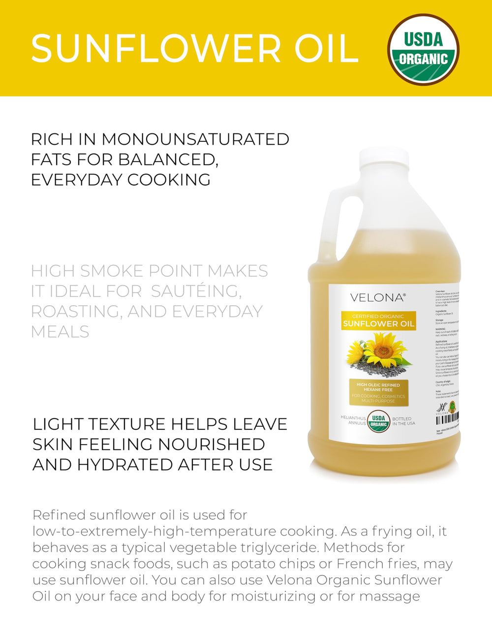 Velona sunflower oil cooking scene with neutral flavor ready for dressings.