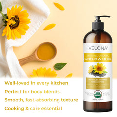 Velona sunflower oil label close-up highlights USDA Organic and high-oleic messaging.