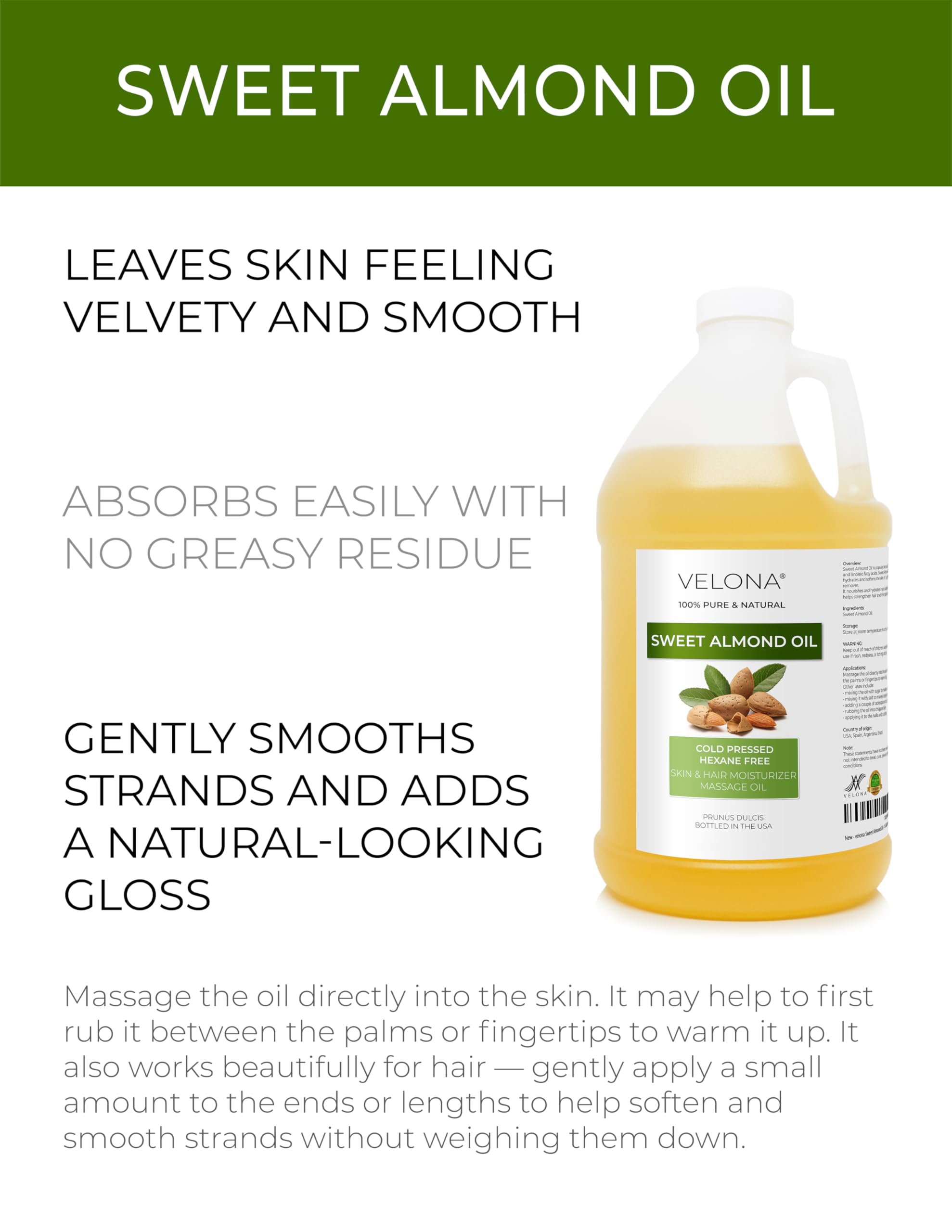 Velona Sweet Almond Oil drops on hand show quick, lightweight moisturization.