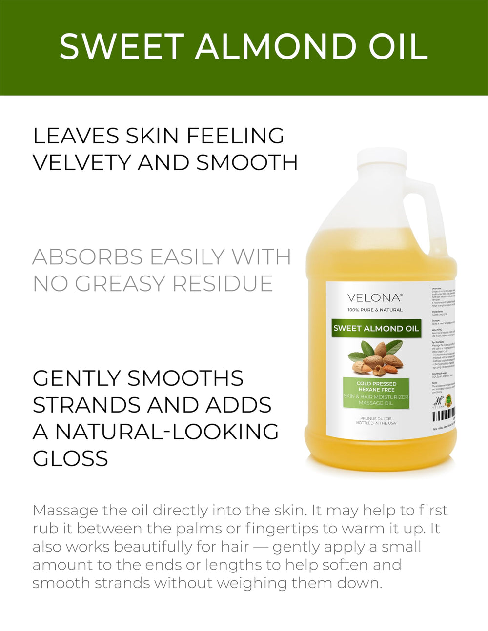 Velona Sweet Almond Oil drops on hand show quick, lightweight moisturization.
