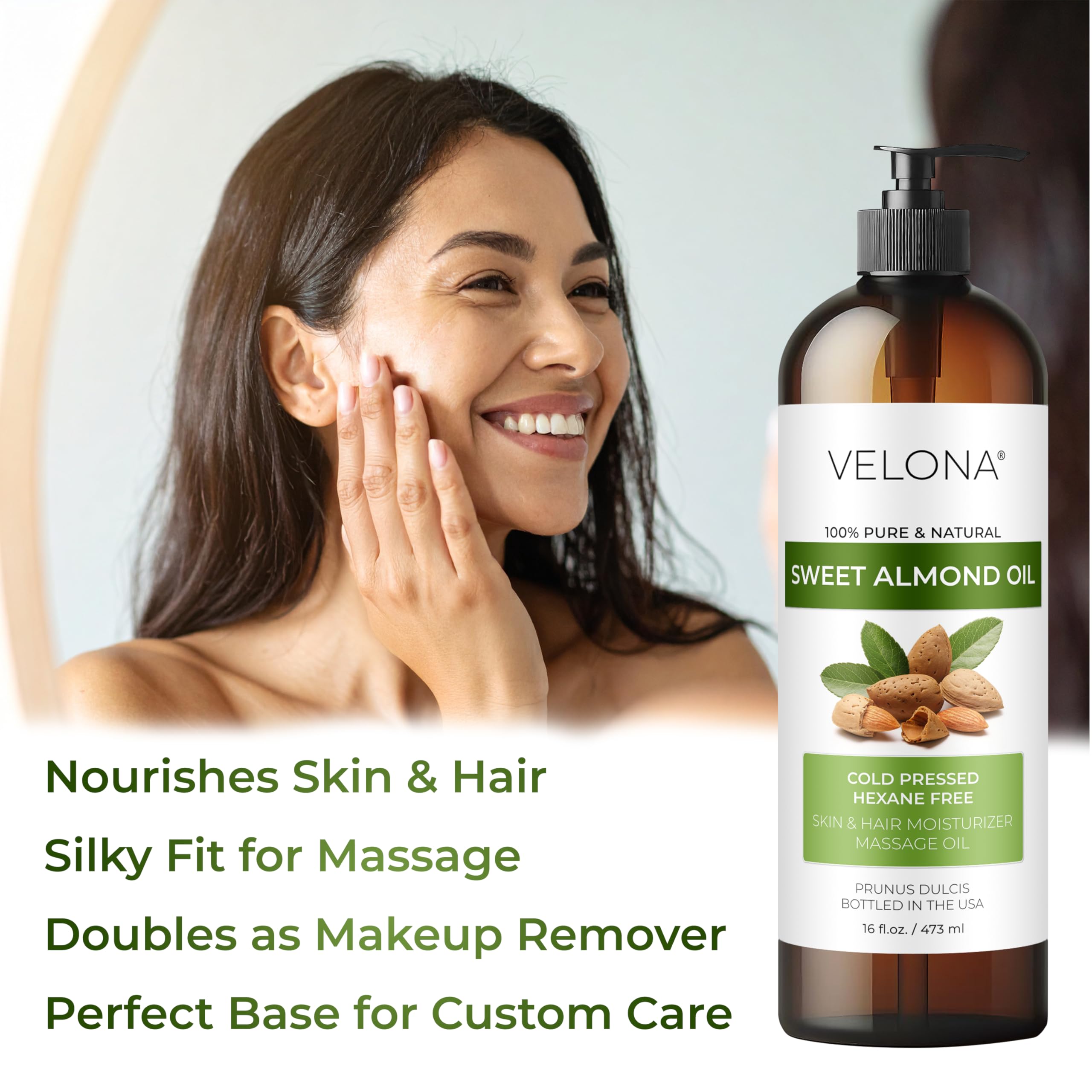 Velona Sweet Almond Oil on hair indicates softness and reduced frizz potential.