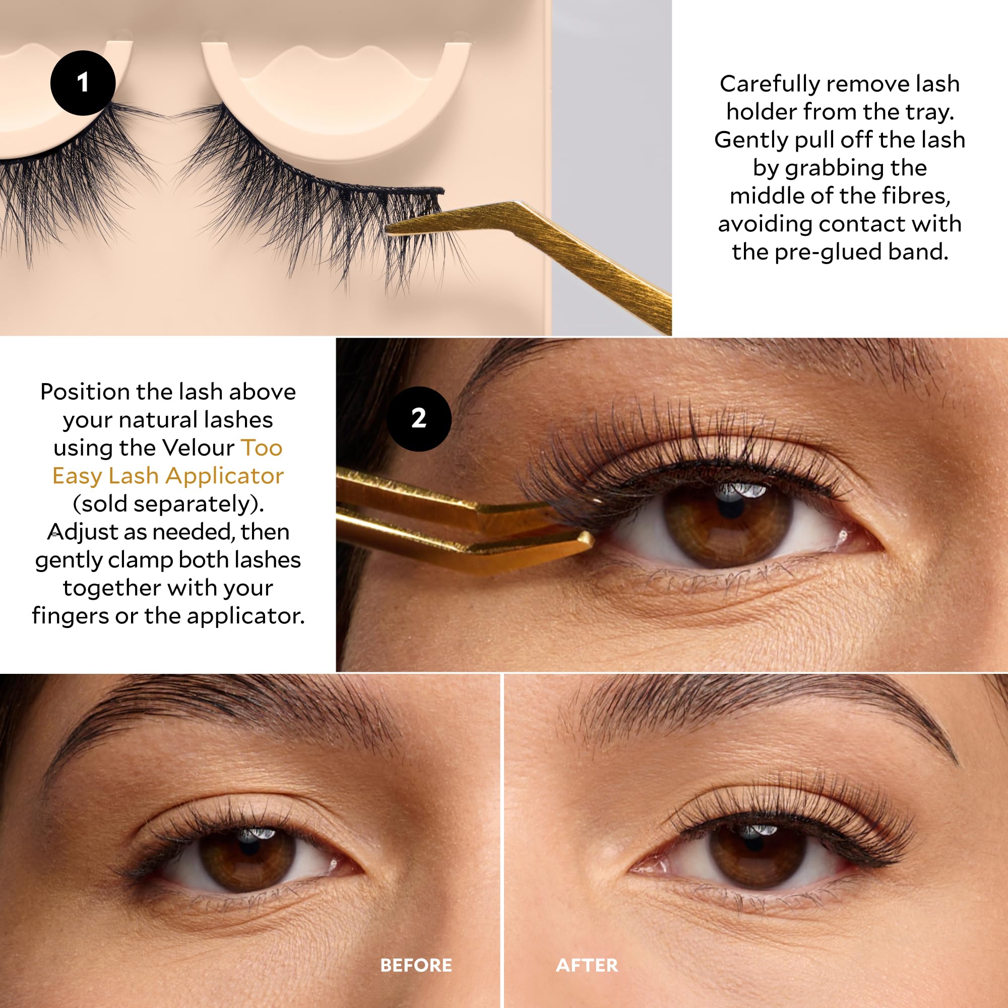 Velour Effortless Self Adhesive Eyelashes flare style ready for evenings or photos.