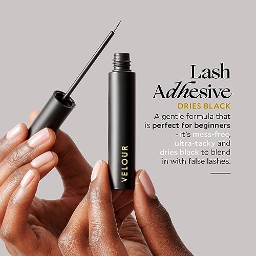 Velour Strong Eyelash Glue dries black for seamless lash line blending.