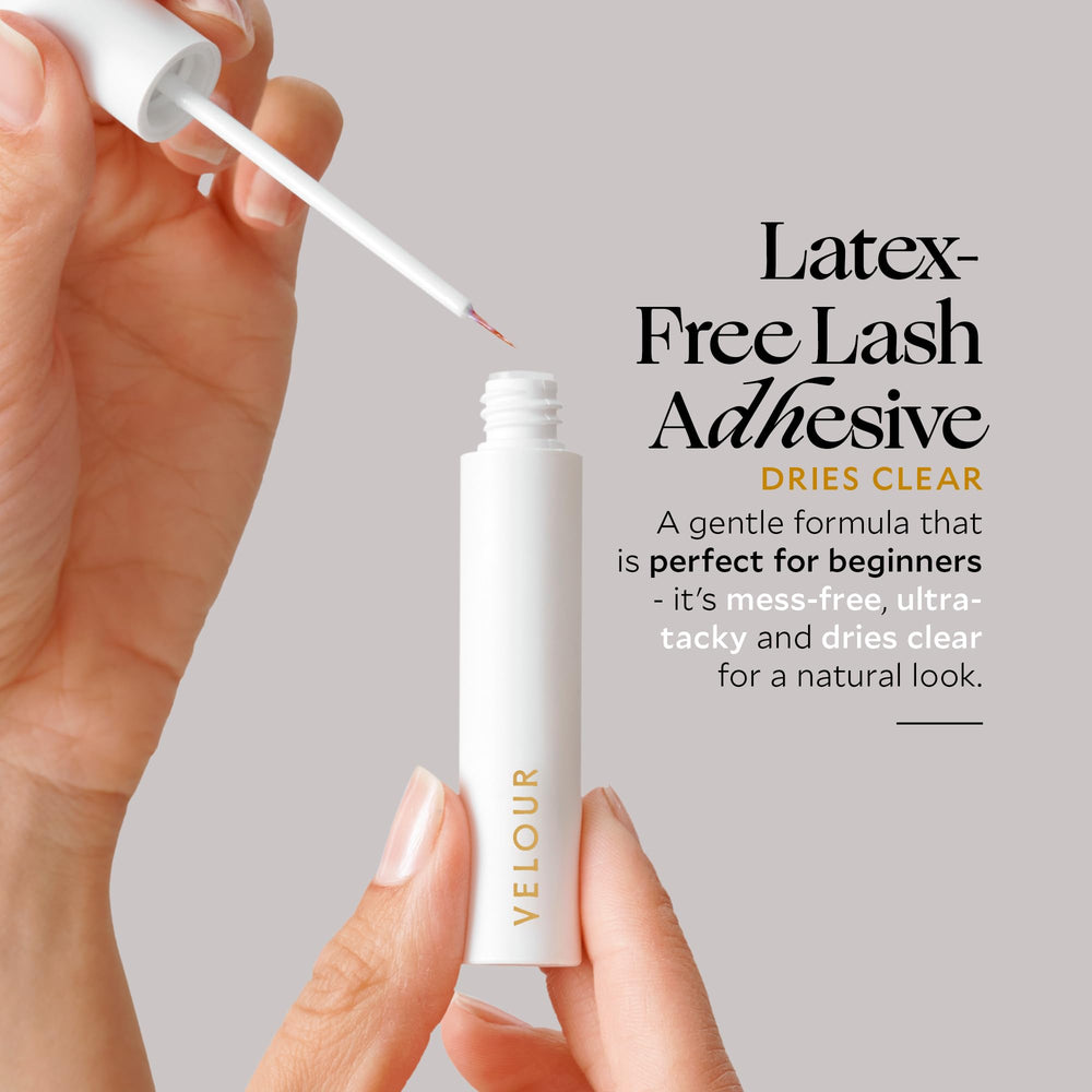 Velour Strong Eyelash Glue dries clear for seamless lash bonding.