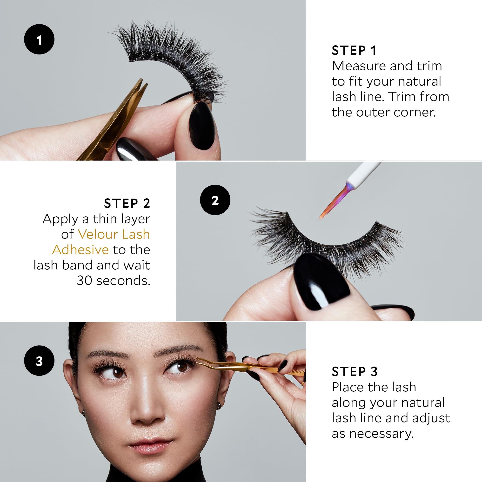 Velour Strong Hold lash glue provides long-lasting wear with easy removal.