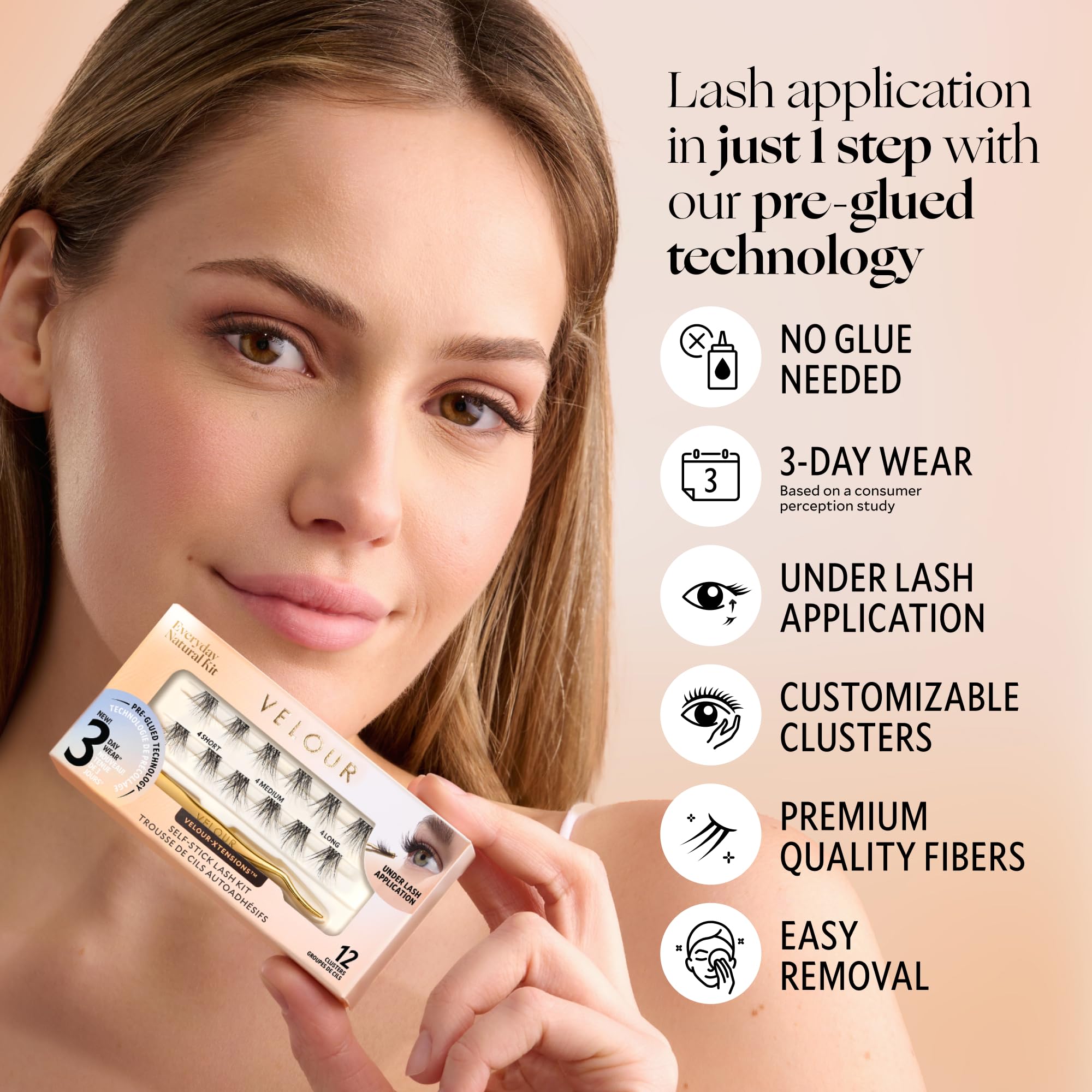 Velour Xtensions lash applicator tool demonstrates precise placement without glue.