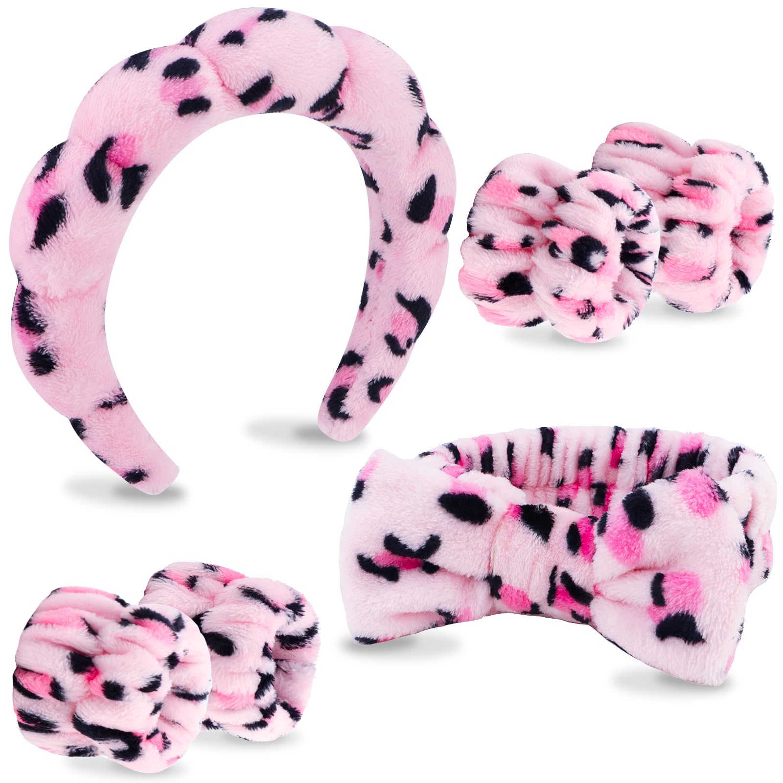 VELSCRUN 6-pack spa headband in pink leopard helps keep hair away during washing