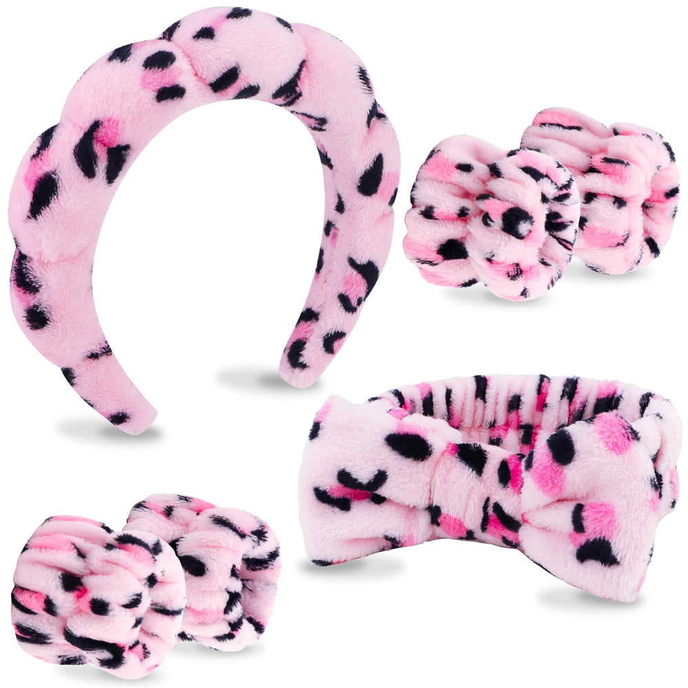 VELSCRUN 6-pack spa headband in pink leopard helps keep hair away during washing