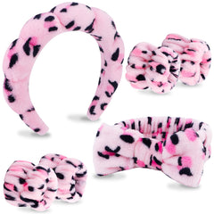 VELSCRUN 6-pack spa headband in pink leopard helps keep hair away during washing