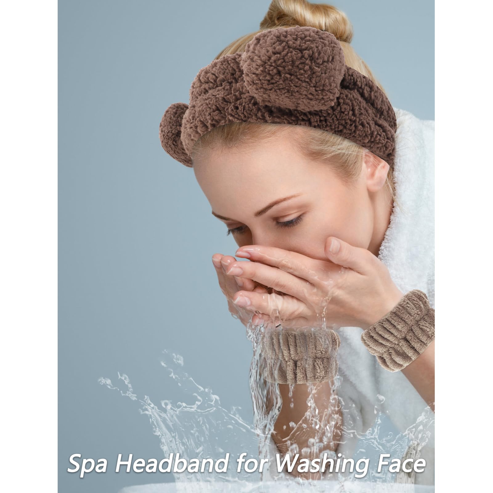 VELSCRUN spa headband and wristbands set keeps hair away during cleansing.