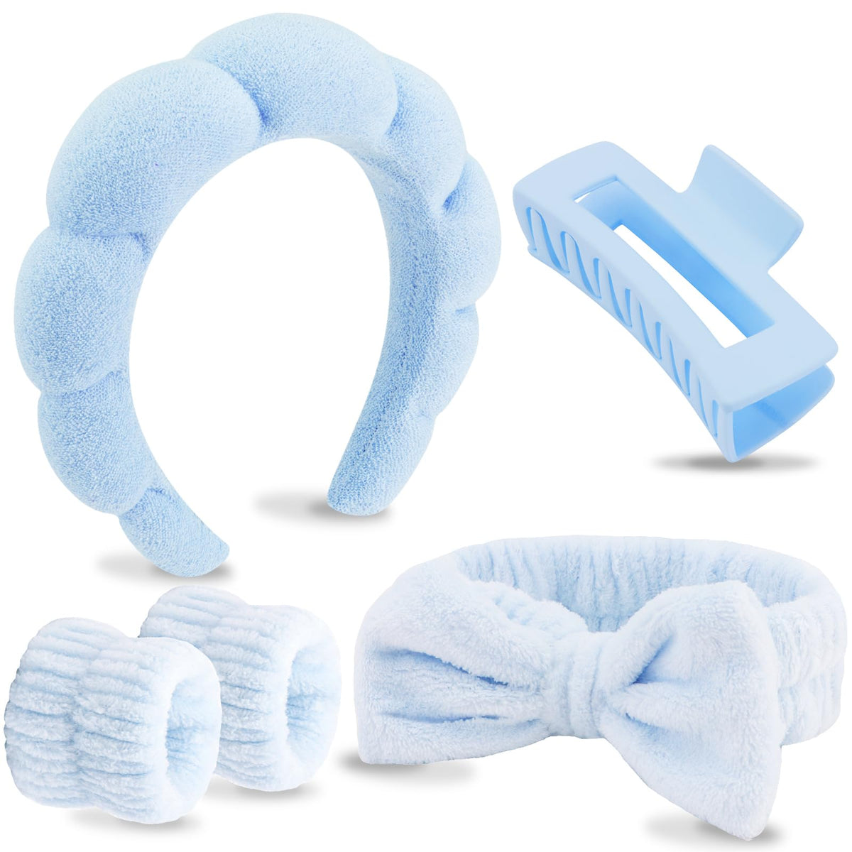 VELSCRUN Spa Headbands blue set front view shows plush fabric for gentle face washing
