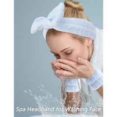 VELSCRUN Spa Headbands blue set wristbands demonstrate secure fit during facial routines