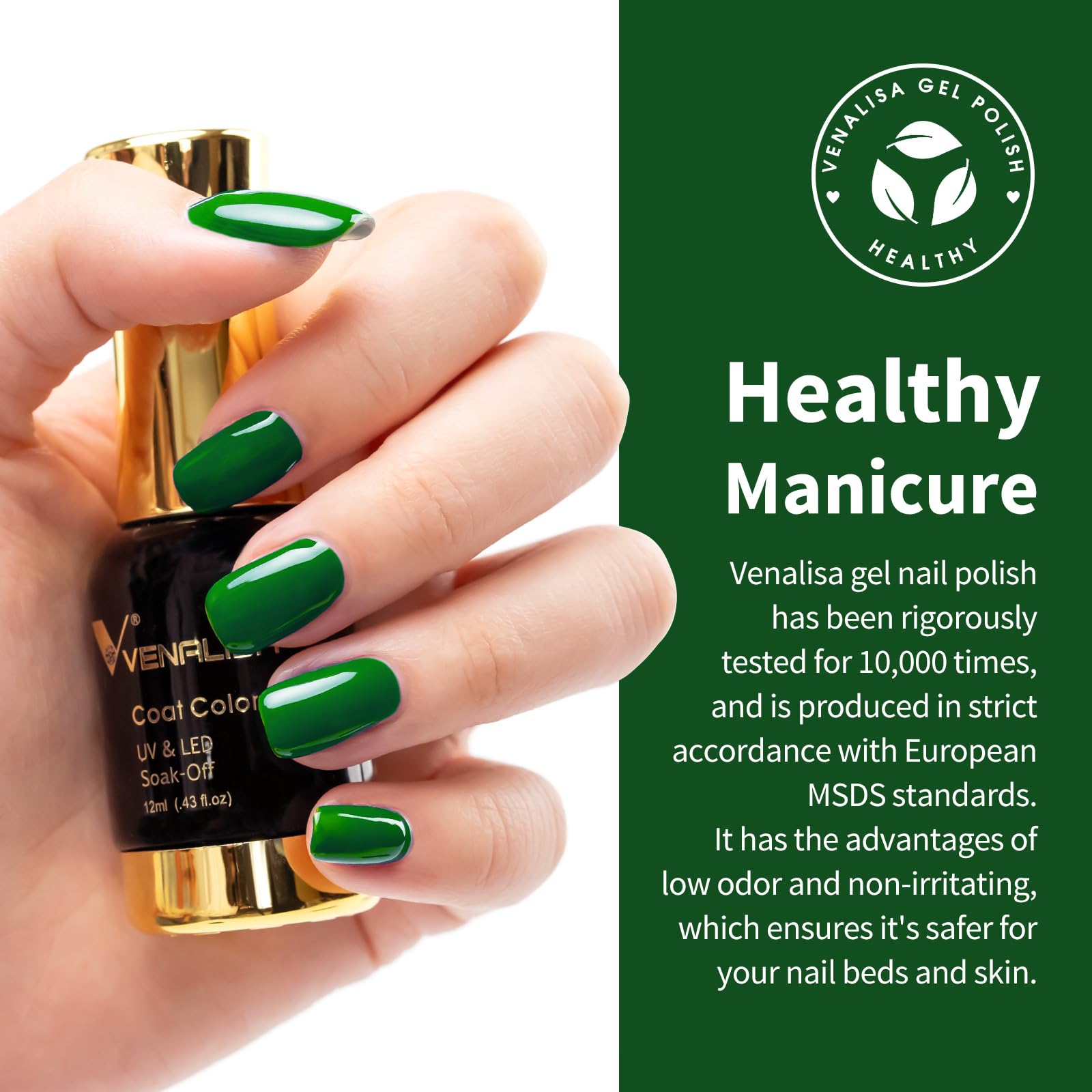 VENALISA emerald green gel polish brush demonstrates smooth, even application for a professional look.