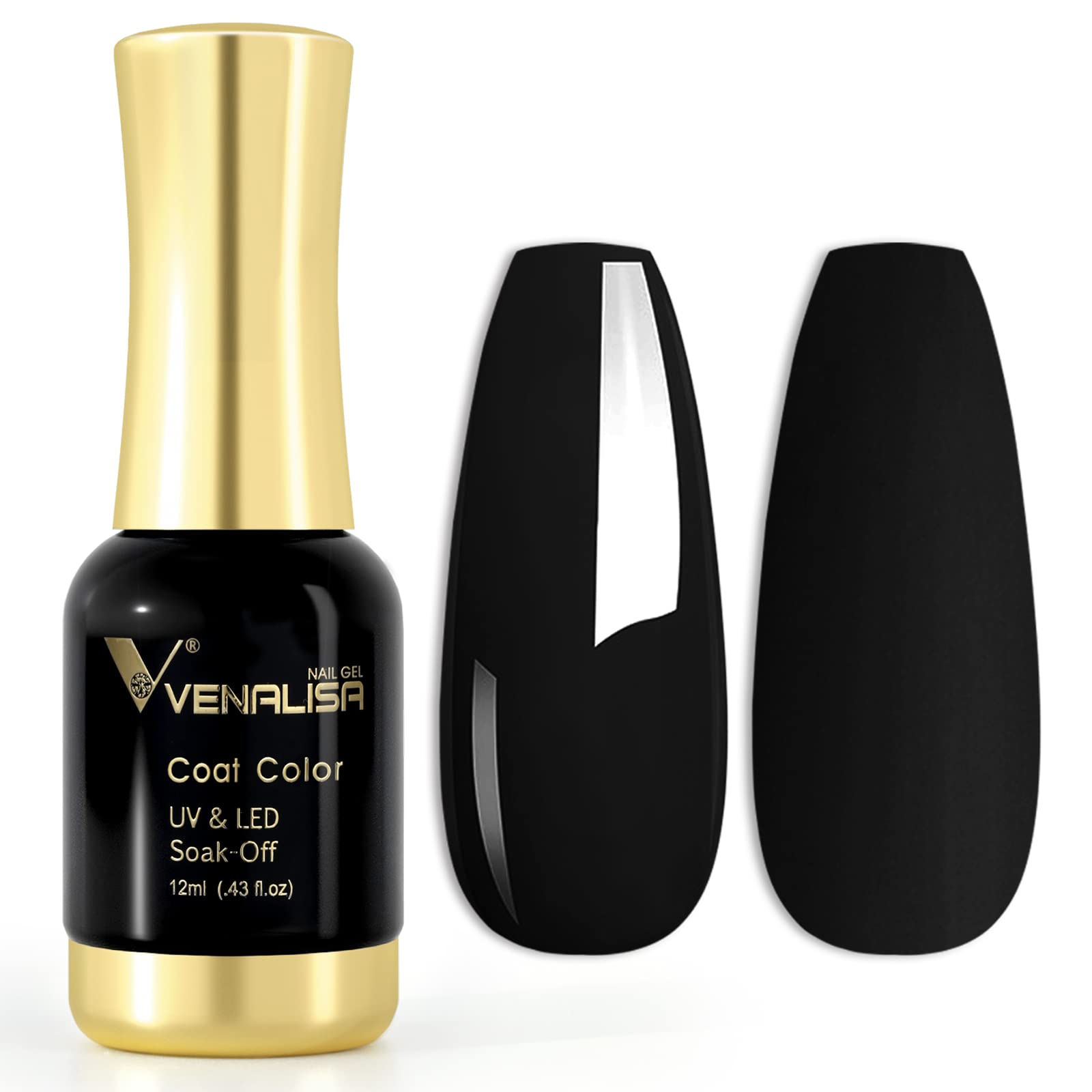 Venalisa gel uñas negro, botella dorada y tapa, ideal para un toque de lujo en casa.