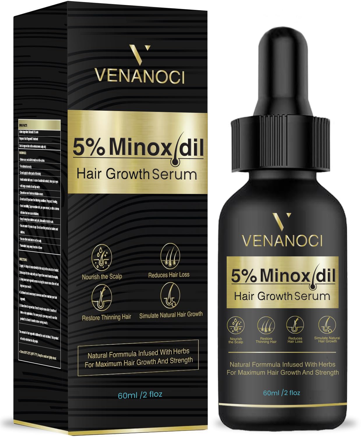 Venanoci hair growth serum bottle being poured suggests thicker hair potential.