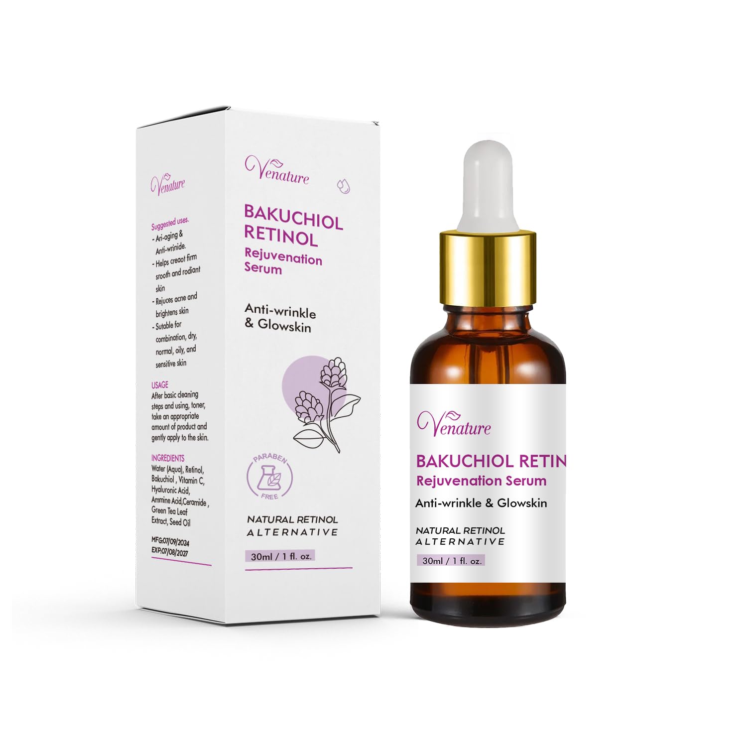 Venature Bakuchiol Retinol Serum bottle ready for daily anti-aging hydration.
