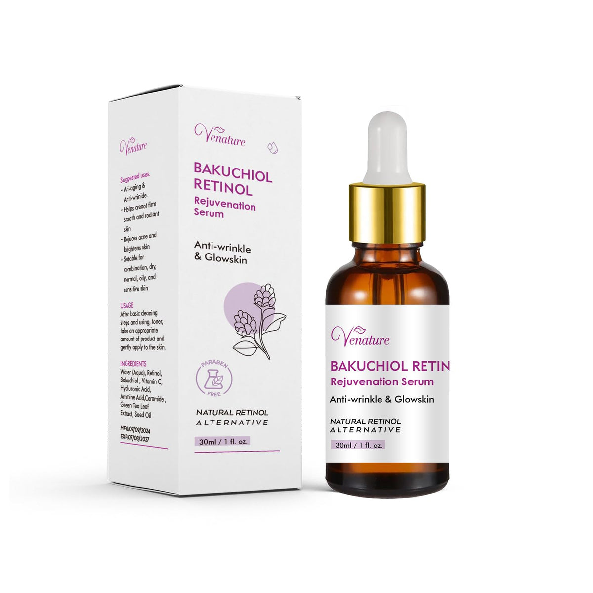 Venature Bakuchiol Retinol Serum bottle ready for daily anti-aging hydration.