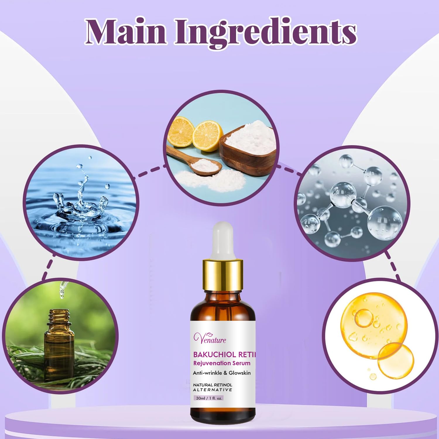 Venature Bakuchiol serum dropper closeup showing precise, gentle application.