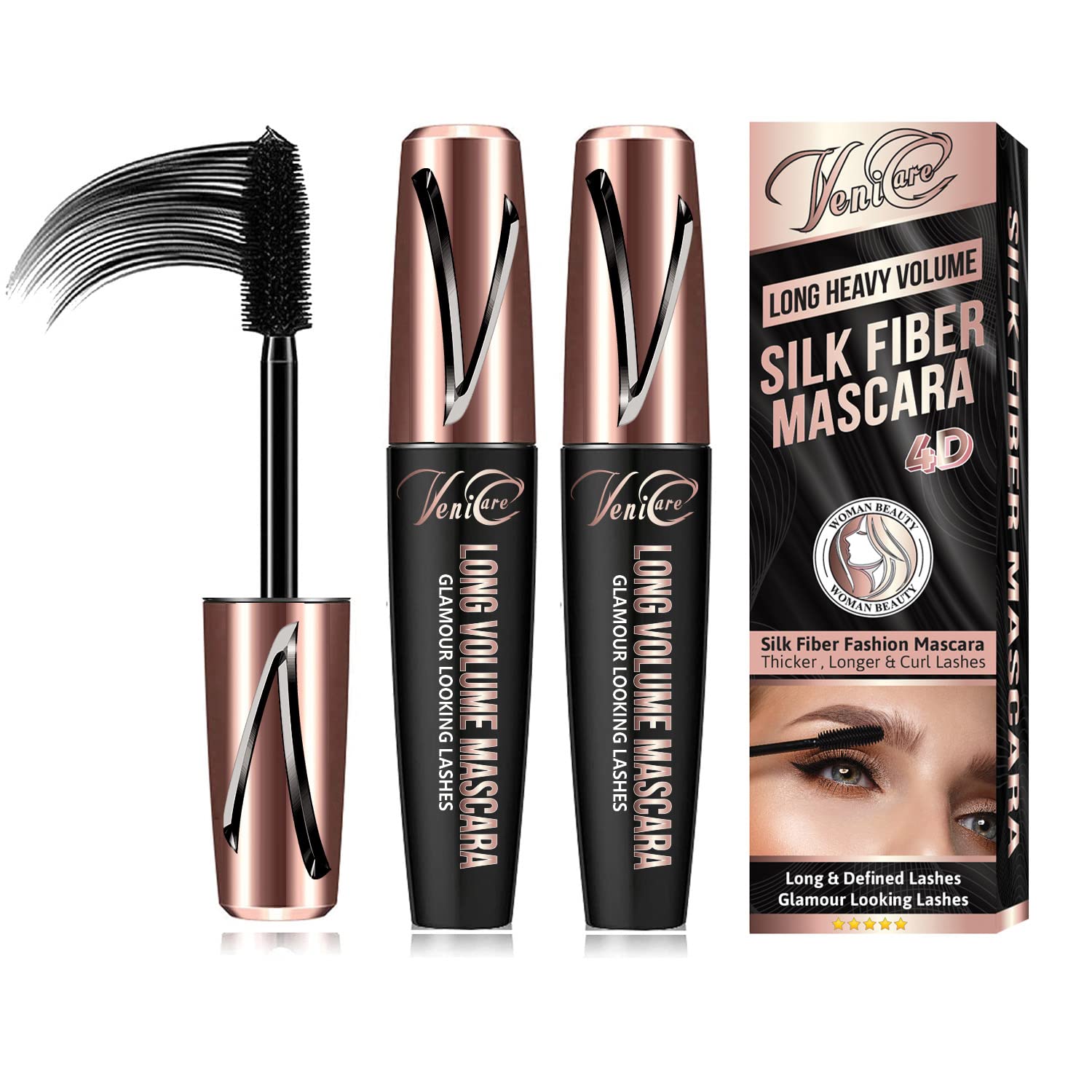 VeniCare 4D silk fiber mascara tube highlights luxurious length for natural-looking lashes.