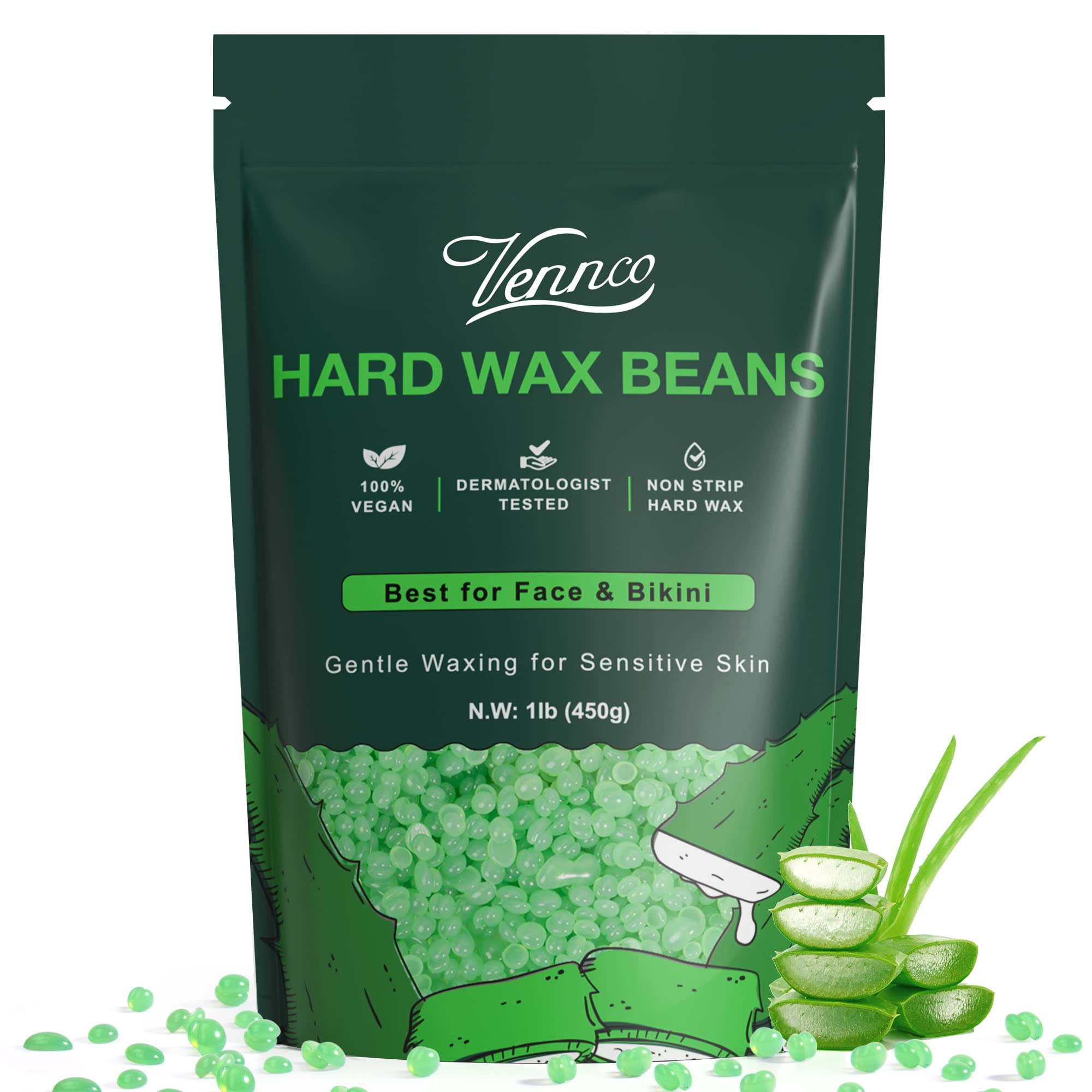 VENNCO Hard Wax Beads close-up showcasing aloe infusion for sensitive skin.