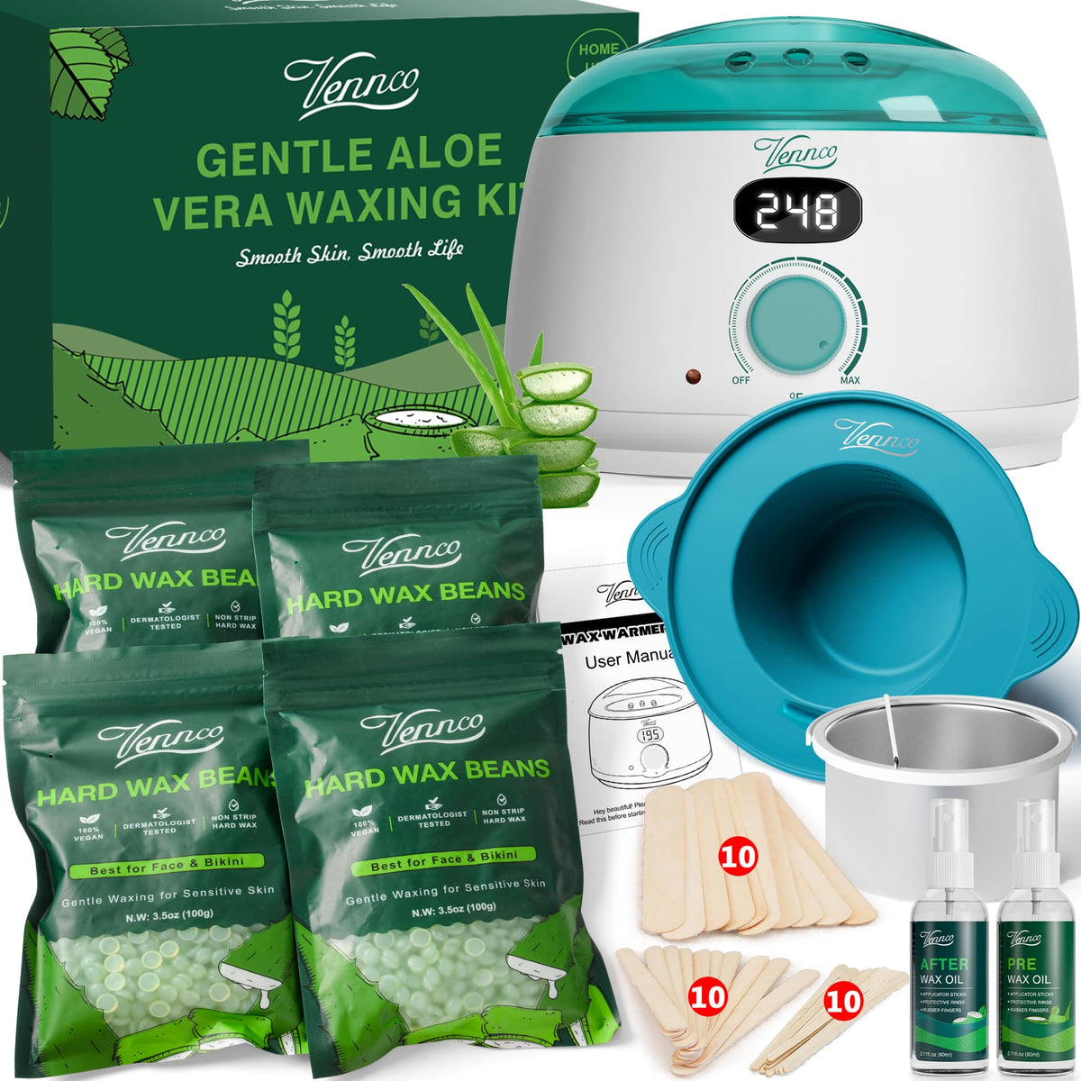 VENNCO waxing kit digital warmer in use for at-home waxing with controlled heat