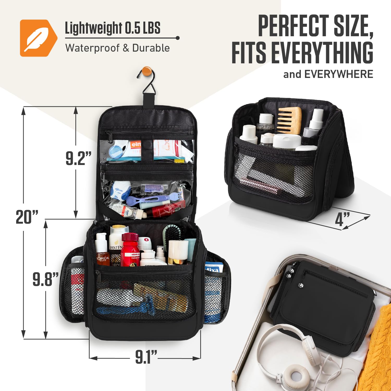VENTURE 4TH expandable-compartments demonstrates adaptable space for cosmetics and toiletries.