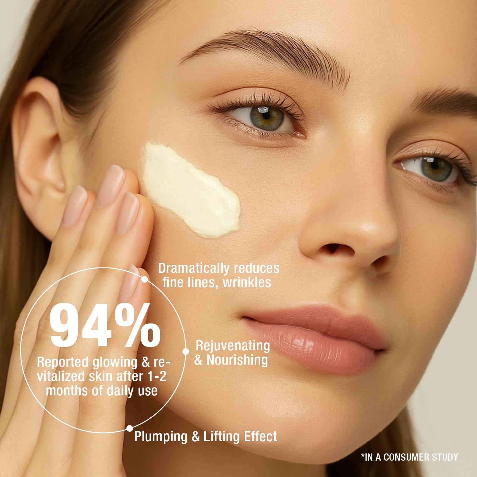 Vepxzory face moisturizer spread on cheek reveals lightweight non greasy feel.