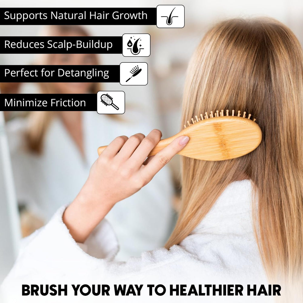 Vera Essence bamboo brush bristles closeup displays gentle detangling with spaced bamboo bristles.