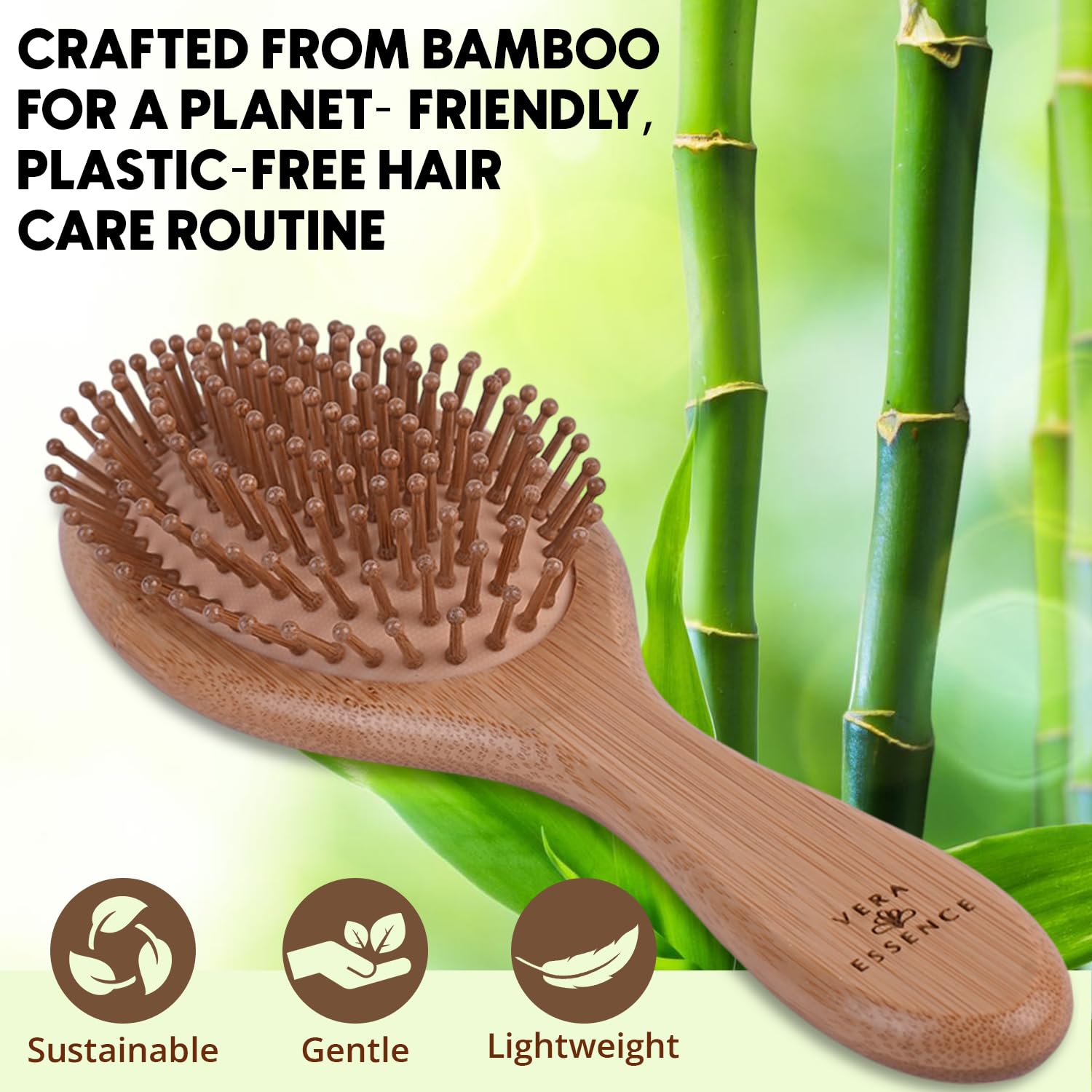 Vera Essence bamboo brush wooden paddle highlights ergonomic design for comfortable daily grooming.