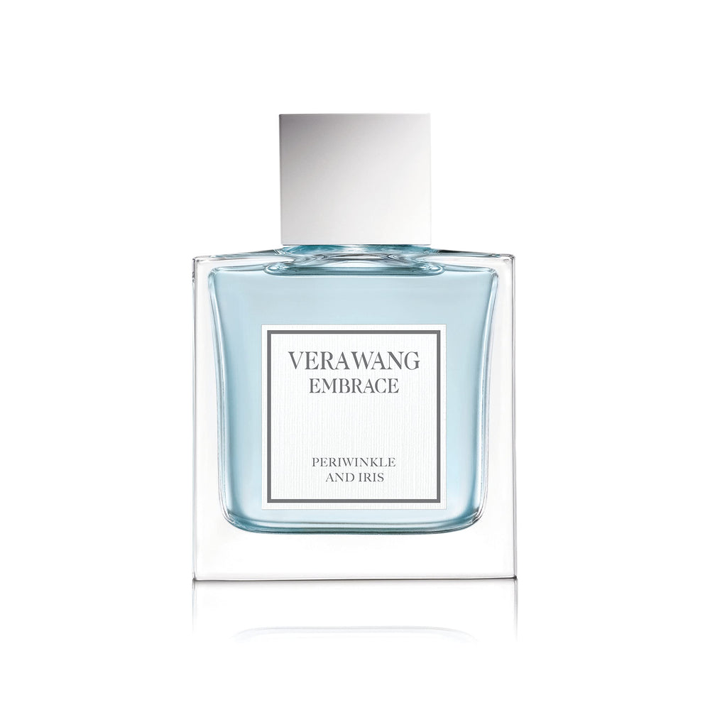 Vera Wang Embrace Periwinkle & Iris bottle on vanity highlighting delicate romance