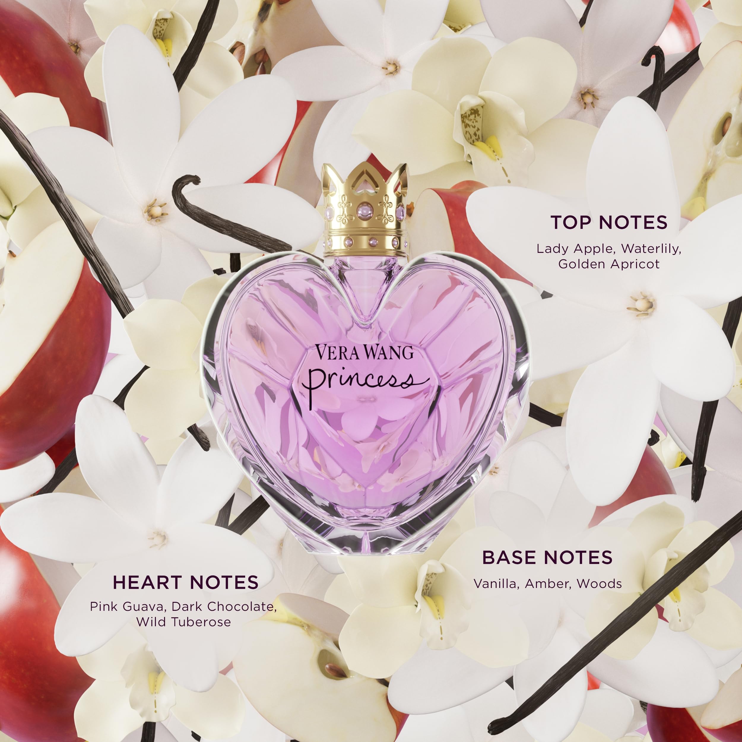 Vera Wang Princess notes quava, chocolate, tuberose hint at a lush floral-heart.