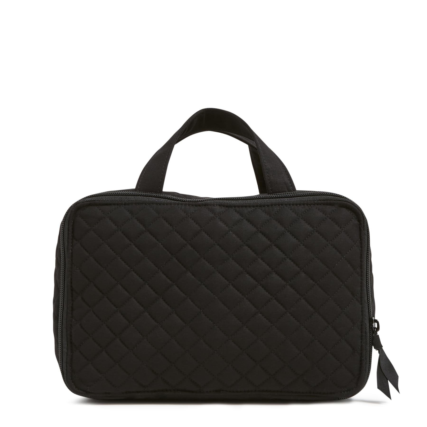 Vera Bradley Cotton Ultimate Travel Makeup Case back compartment includes gusseted pockets and zip pocket for organization