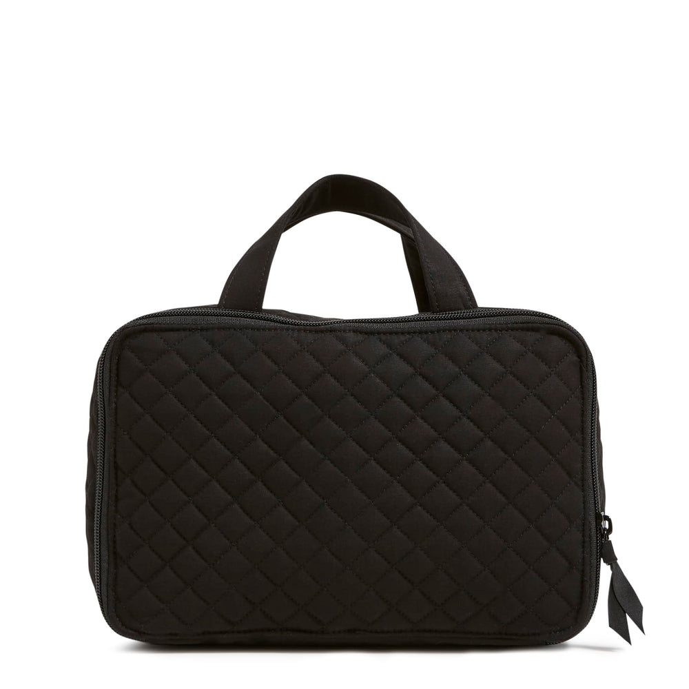 Vera Bradley Cotton Ultimate Travel Makeup Case back compartment includes gusseted pockets and zip pocket for organization