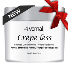 Vernal Crepe-less Cream bottle showcases organic skin firming formula for arms.