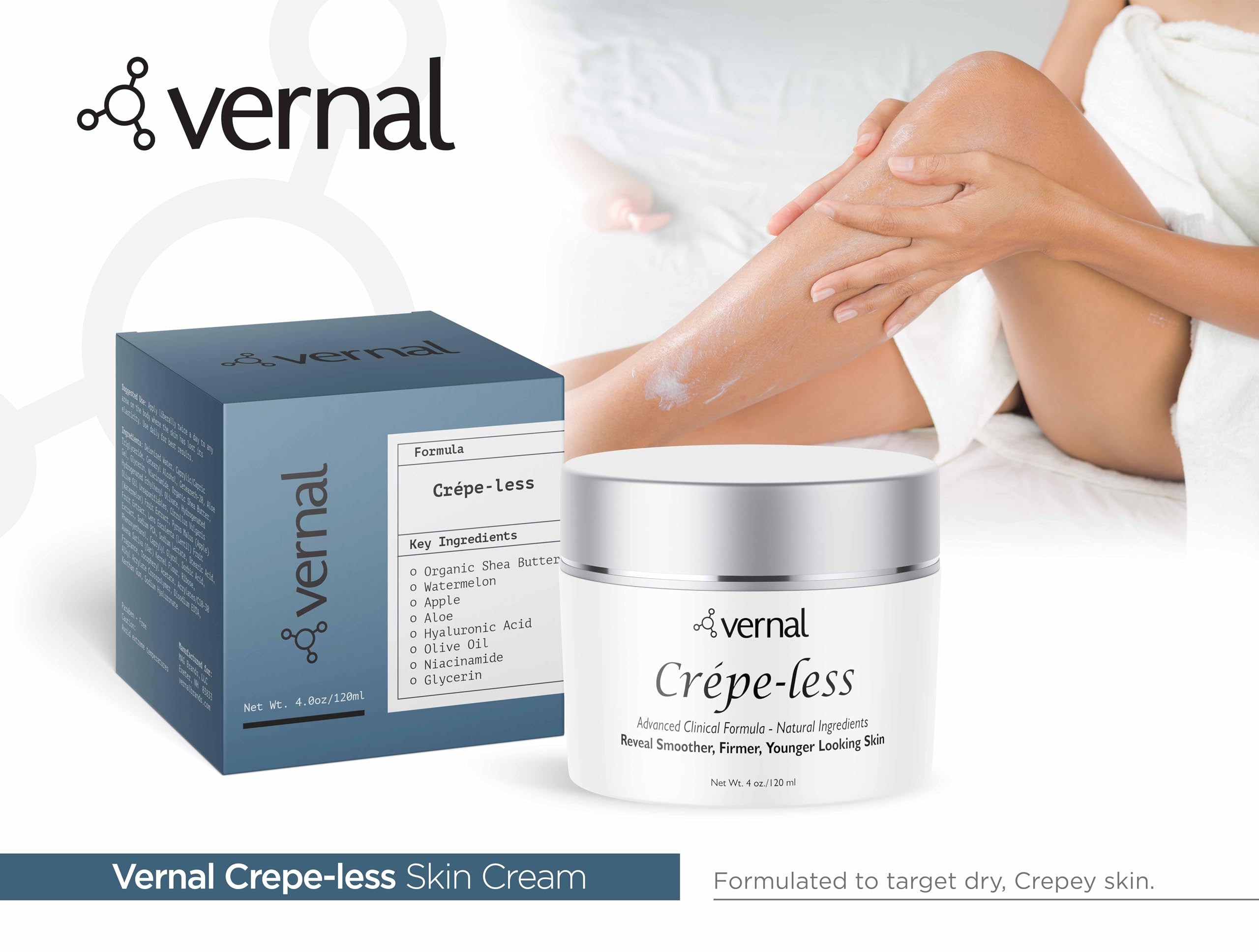 Vernal Crepe-less Cream rub demonstration indicates quick absorption.