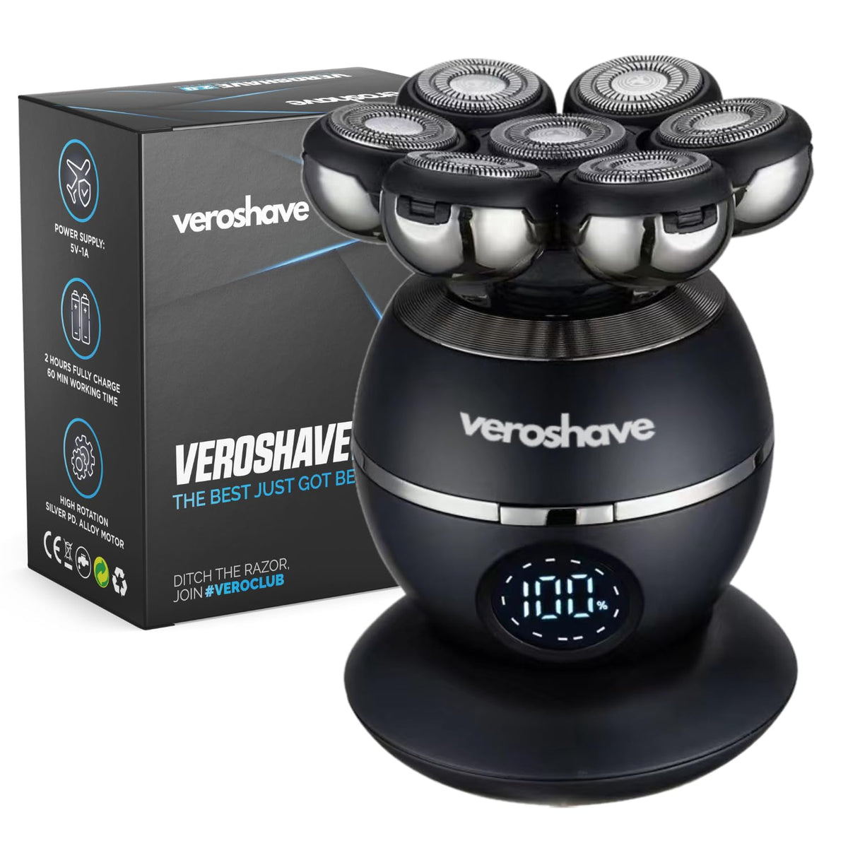 VEROSHAVE 7-Blade Bald Head Shaver close-up demonstrates precise blades delivering a close, smooth finish