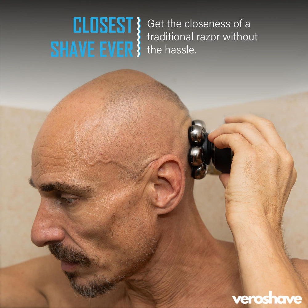 VEROSHAVE curved blade head shaver contours with your scalp for a comfortable, precise shave