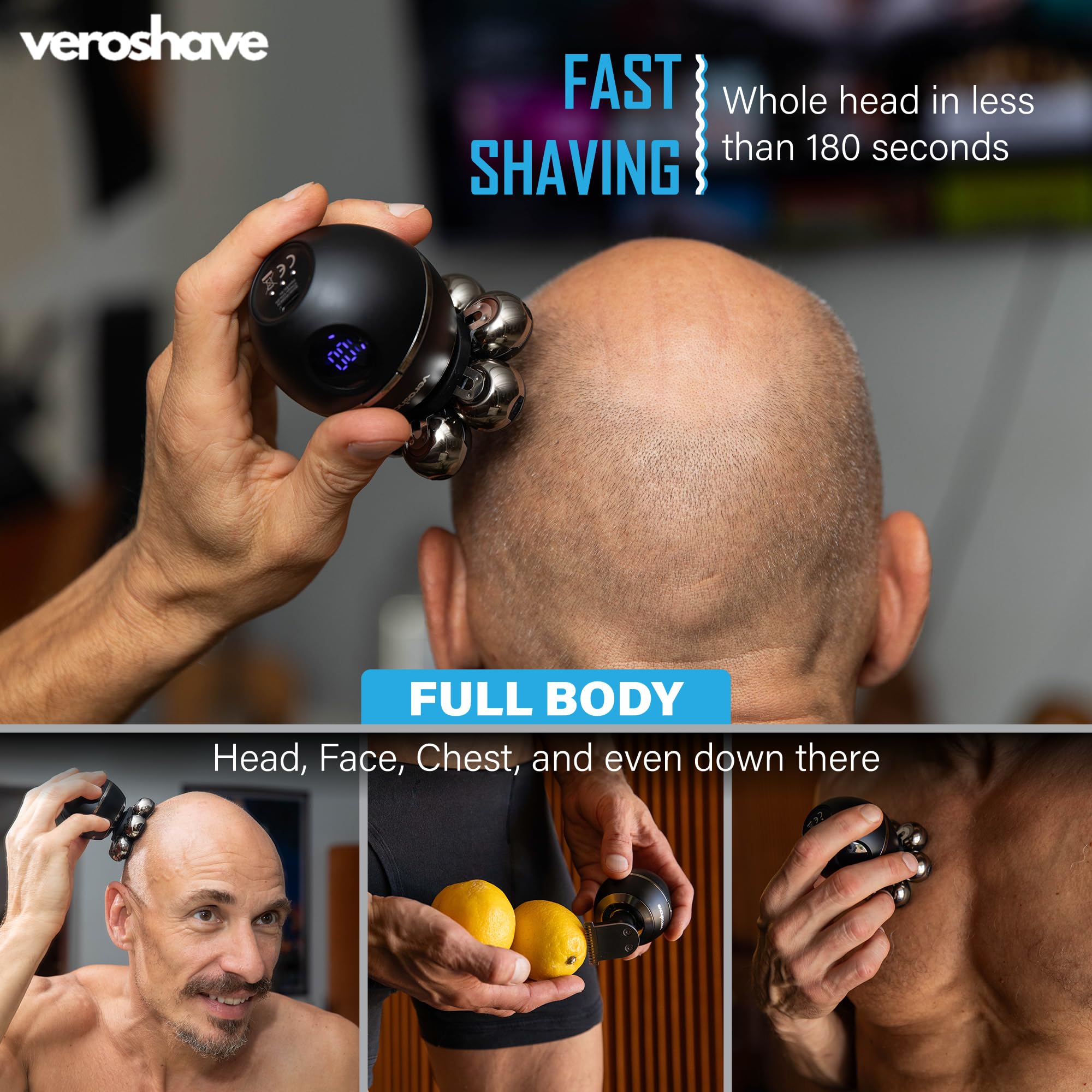 VEROSHAVE mess-free cleanup shows quick 20-second maintenance for on-the-go grooming