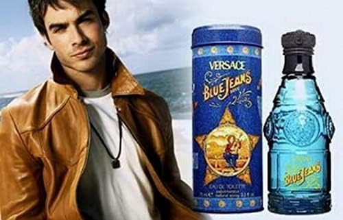 Versace Blue Jeans for Men bottle side reveals masculine elegance and versatile scent for casual events