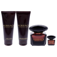 Versace Crystal Noir bottle close-up cap, suggesting long-lasting scent for night-out confidence.