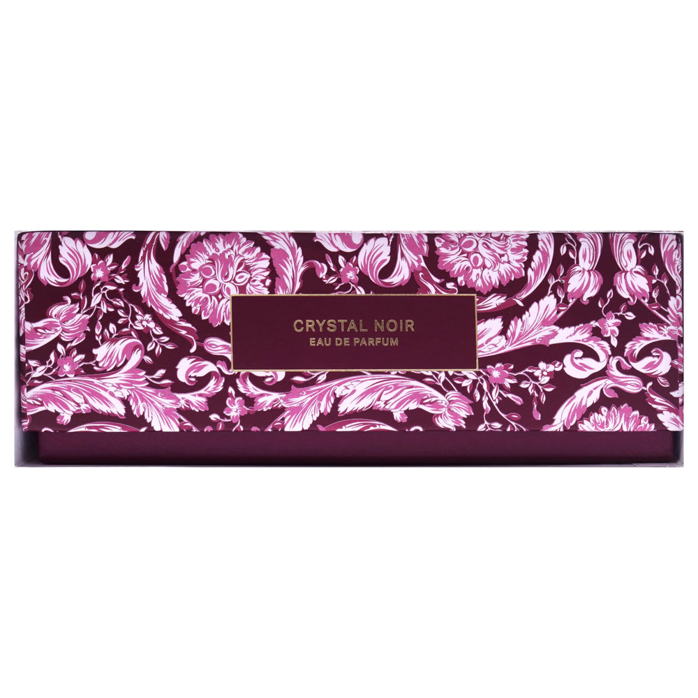 Versace Crystal Noir EDP spray on pulse points, bold vibe.