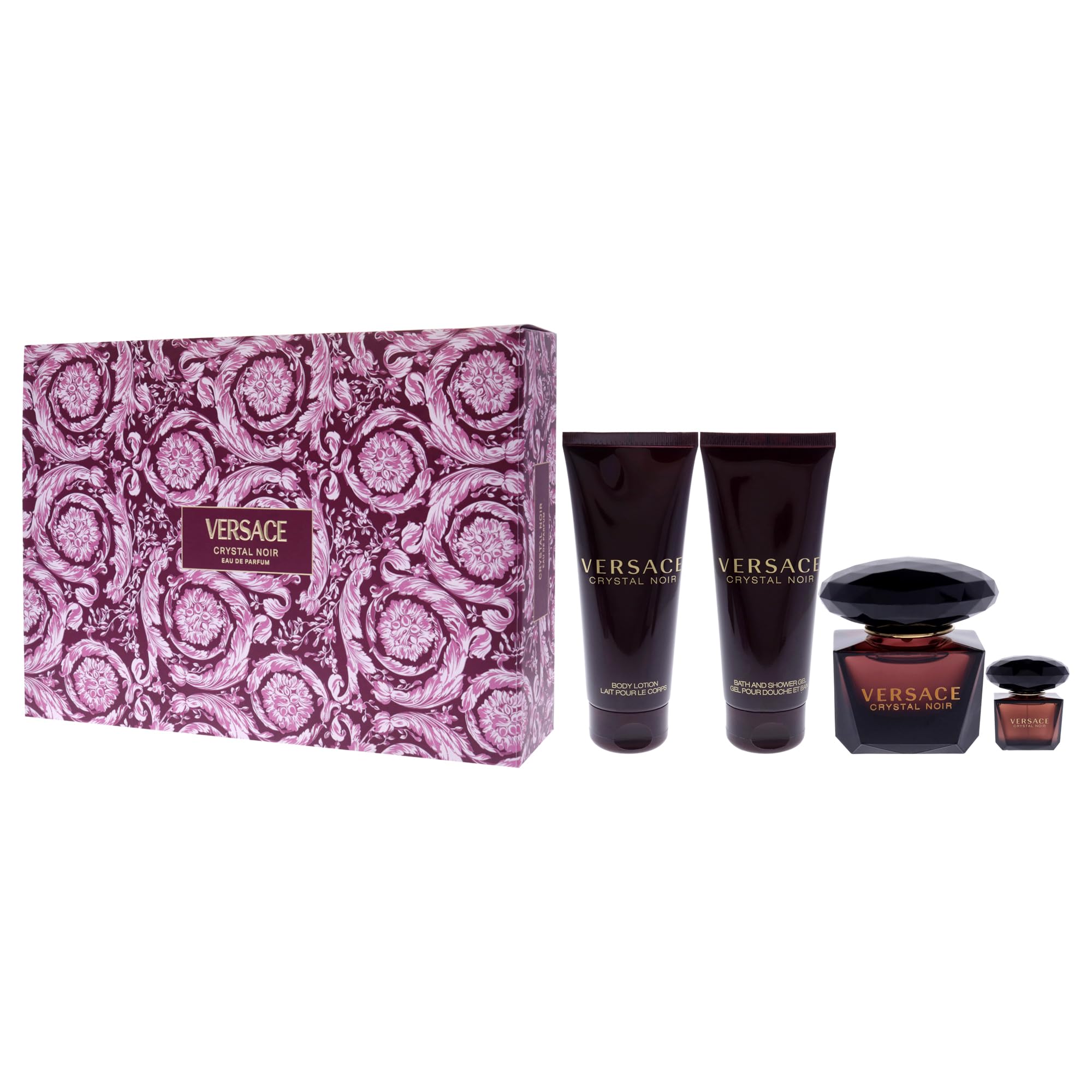 Versace Crystal Noir bath gel tube, luxuriant cleansing with lingering fragrance.