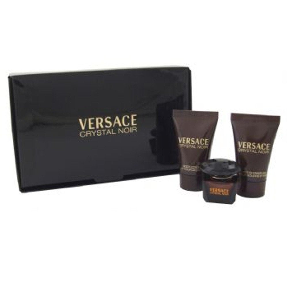 Versace Crystal Noir mini EDT gift set featuring perfume, lotion, and shower gel for travel and gifting