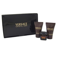 Versace Crystal Noir mini EDT gift set featuring perfume, lotion, and shower gel for travel and gifting